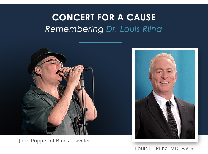 Concert for a cause, remembering Dr. Louis Riina text above photos of John Popper singing into microphone and photo of Dr. Riina.